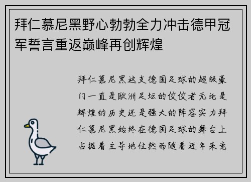 拜仁慕尼黑野心勃勃全力冲击德甲冠军誓言重返巅峰再创辉煌