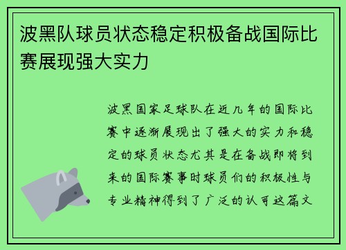 波黑队球员状态稳定积极备战国际比赛展现强大实力