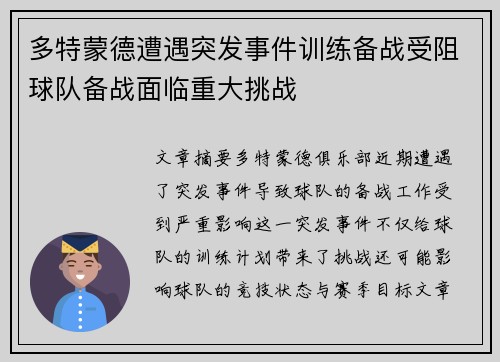 多特蒙德遭遇突发事件训练备战受阻球队备战面临重大挑战