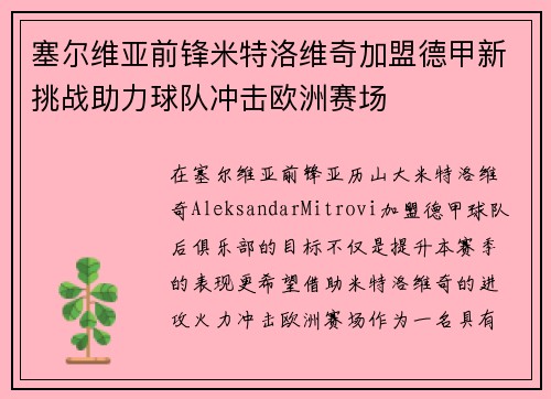 塞尔维亚前锋米特洛维奇加盟德甲新挑战助力球队冲击欧洲赛场