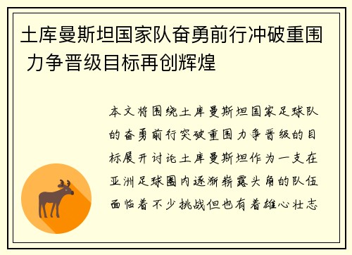 土库曼斯坦国家队奋勇前行冲破重围 力争晋级目标再创辉煌