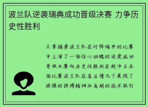 波兰队逆袭瑞典成功晋级决赛 力争历史性胜利