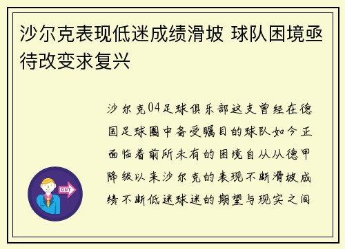 沙尔克表现低迷成绩滑坡 球队困境亟待改变求复兴
