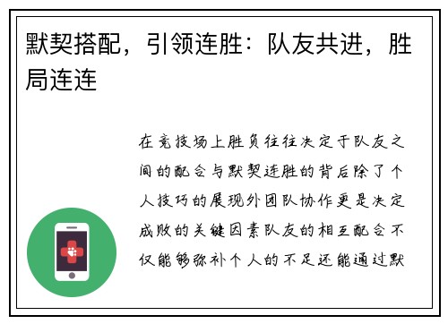 默契搭配，引领连胜：队友共进，胜局连连